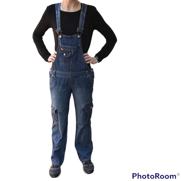 Y2K Old Navy Denim Overalls | 2003 Low Cut Low Rise Cargo Overalls - Picture 1 of 16